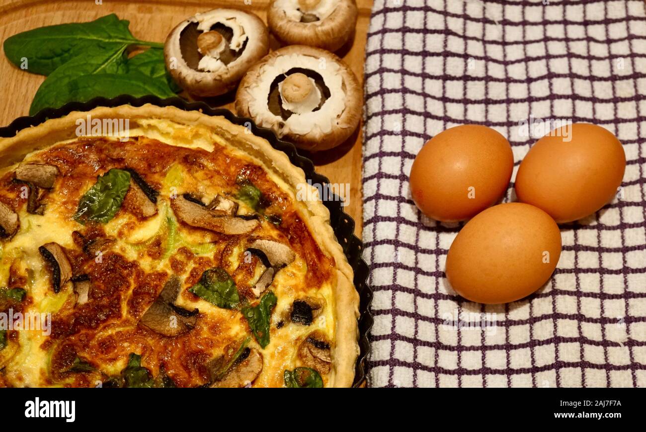 Homemade mushroom, leek and spinach flan Stock Photo Alamy