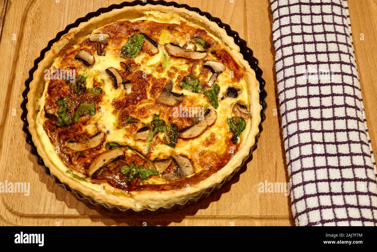 Homemade mushroom, leek and spinach flan Stock Photo Alamy