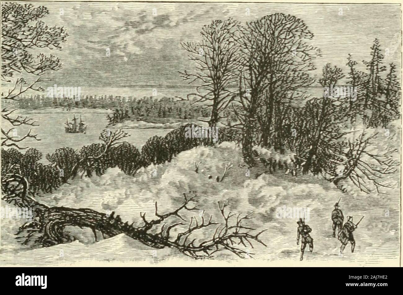 History of the United States from the earliest discovery of America to the present time . Plymouth Harbor, England. England. From Smyths church at Gains-borough sprang one at Scrooby, in Notting-hamshire, and this, too, exiled like itsparent, crossed to Holland, finding home inLeyden in 1607 and 1608. Of this churchJohn Robinson was pastor, and from its i62o] PILGRIM AND PURITAN 133 bosom came the Plymouth Colony to NewEngland. This little band set out for America witha patent from the Virginia Company, ac-cording to James I.s charter of 1606, butactually began here as labor-share holders. Har Stock Photo
