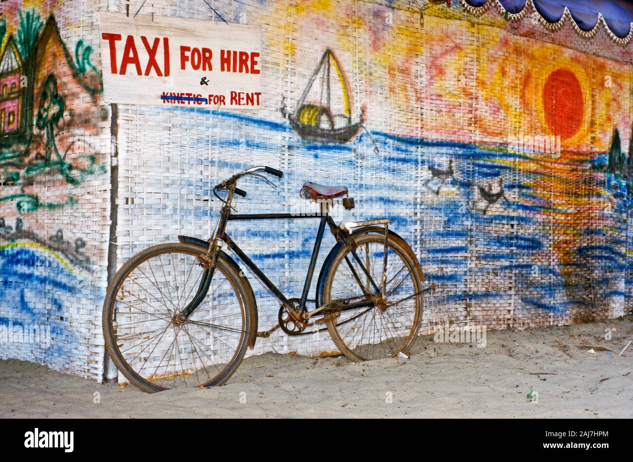 Bicycle for rent on the beach of Arambol.  Arambol  Goa  India  Asia Stock Photo