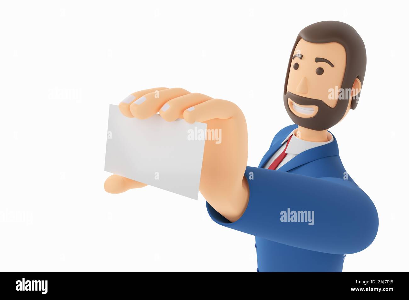 A drawn cartoon businessman is holding a business card, blank form or credit card. Businessman in a suit with an unusual look. 3D rendering Stock Photo