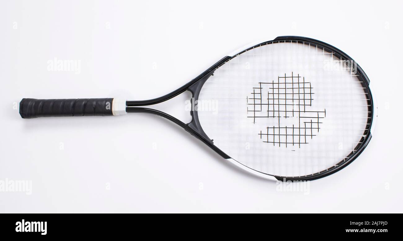 Single tennis racket isolated white background. Top view Stock Photo