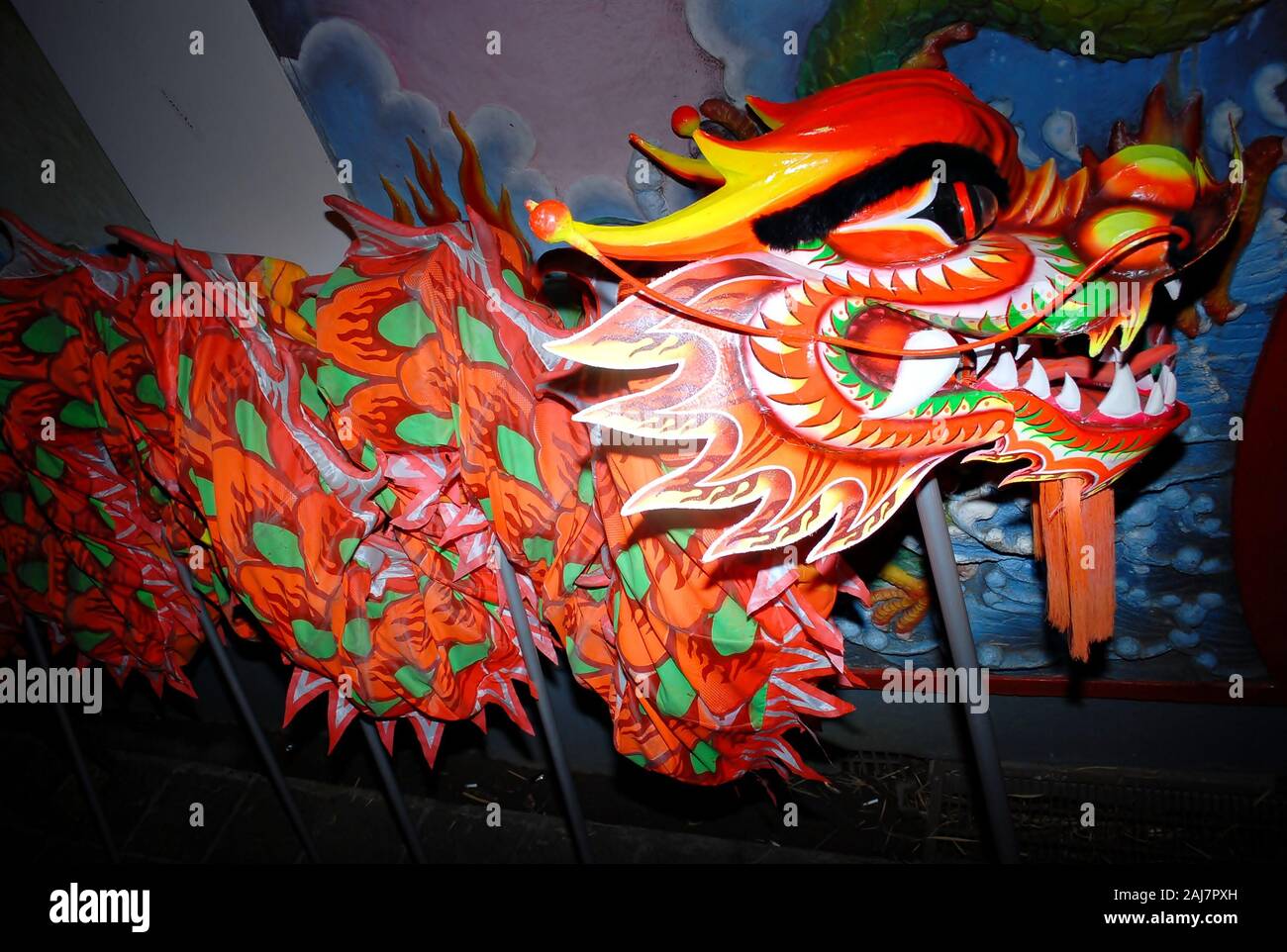 A colorful dragon puppet in Chinese new year celebration festival. Stock Photo