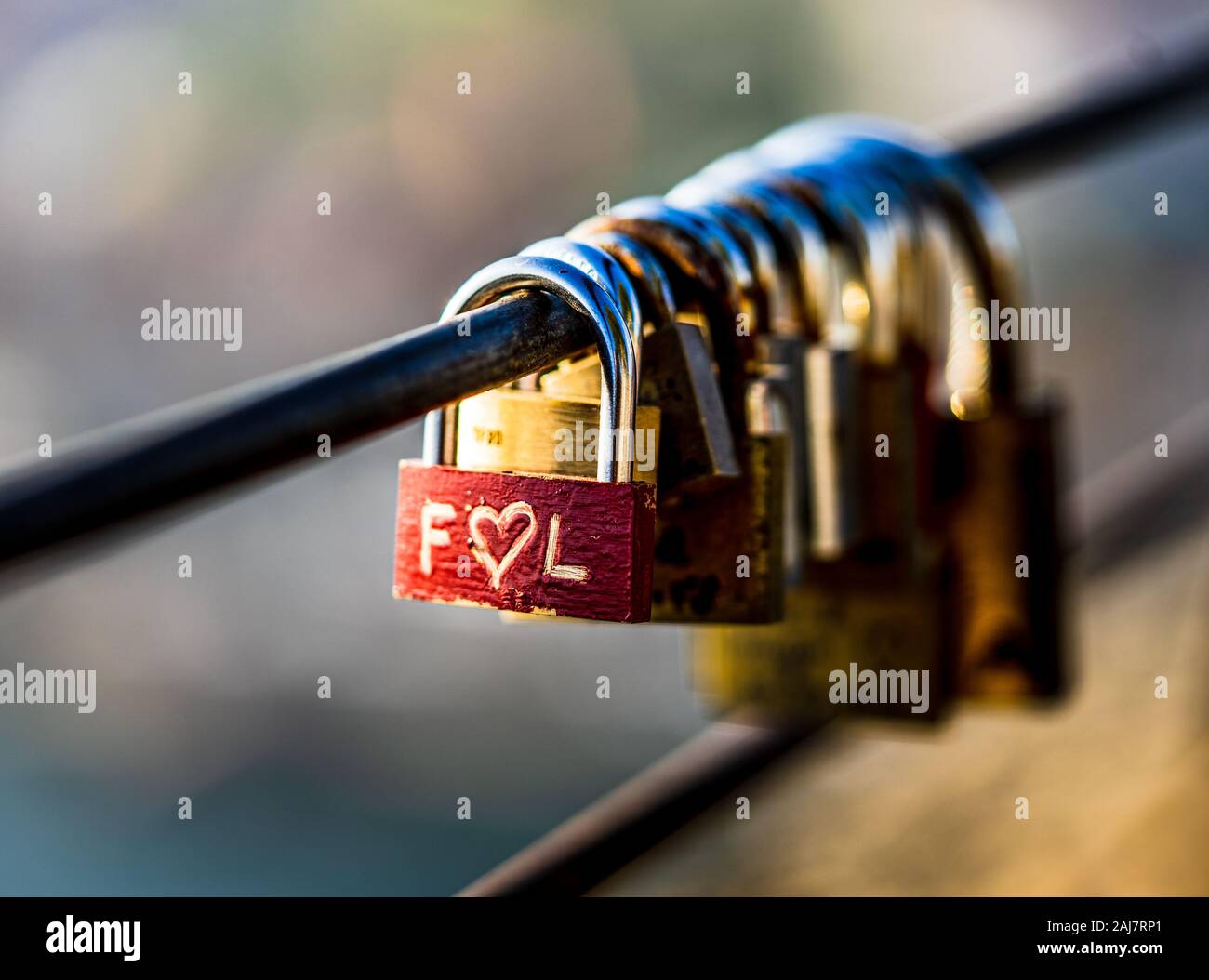 Group of padlocks locked in love together with the focus on the initials of F loves L hanging on a metal railing. Photograph: Iris de Reus Stock Photo