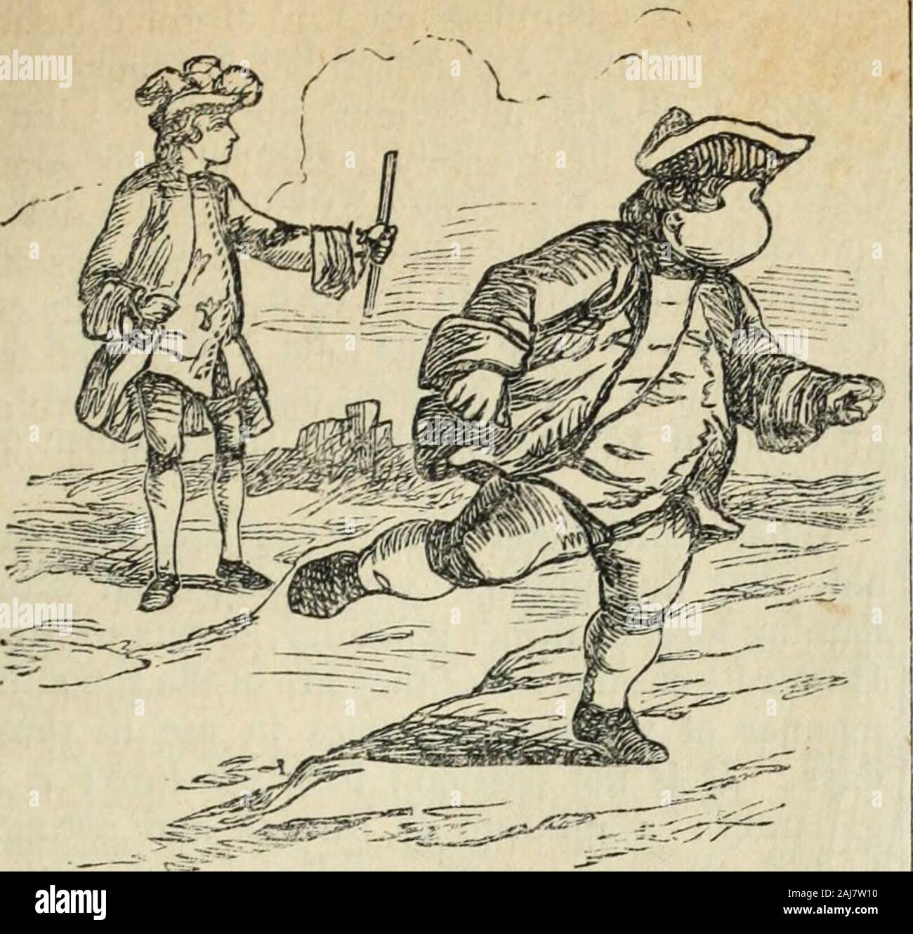 Harper's New Monthly Magazine Volume 21 June to November 1860 . this royalGeorge, he is ludicrous somehow; even at Det-tingen, where he fought so bravely, his figure isabsurd—calling out in his broken English, andlunging with his rapier, like a fencing-master.In contemporary caricatures, Georges son, theHero of Culloden, is also made an object of con-siderable fun, as witness the following pictureof him defeated by the French (1757) at Hasten-beck: I refrain to quote from Walpole regartJingGeorge—for those charming volumes are in thehands of all who love the gossip of the last cen-tury. Nothin Stock Photo