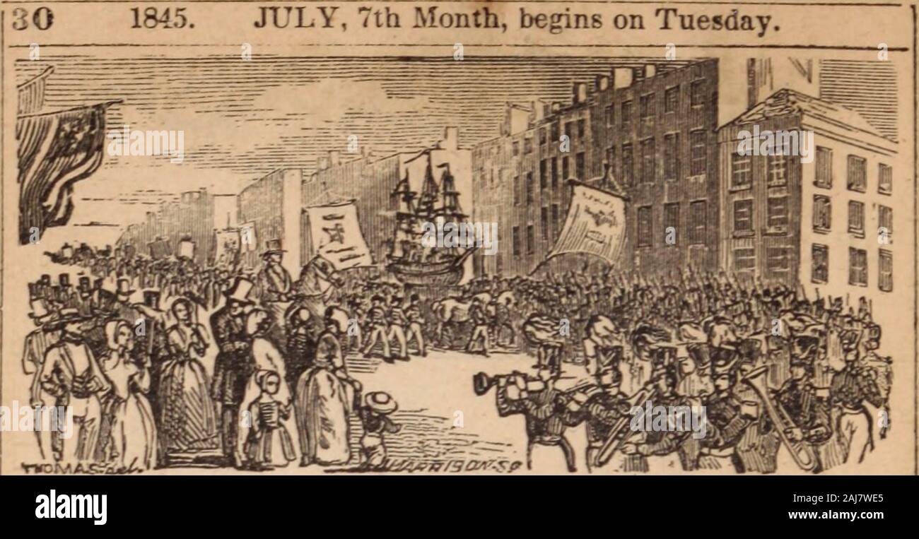 The great metropolis : or, New York in 1845 . 30. PROCEBSION, 4tH JULY. PHASES OF THE MOON, day. hr. miu. day. hr. min. New Moon, 4th. 11 34 M. I Full Moon, 19th, 1 6 II First Quarter, 12th, 9 26 M. | Last Quarter. 25th, 10 24 A. ([ Apogee, 3d. Perigee, 18th. Aposree, 31st. Duys. Noith. Sun. I Moons I a h.rn.ih.m. h. in. u in.-, h. m. h. m. ! D. I 8. 1 T .4 31 7 35 15 4 23 7. 3 29 2 11m 9 39m 20.0 n 2 V!4 32 .7 35 15 3 23 3 3 41 2 5G 10 28 27.0 n3]T 4 32 7 35 15 3 22 58 3 52 sets, jll 1G4F 4 33 7 3415 1*22 53 4 3 7 24a 0 3a5!s 4 33 7 34 15 1|22 48 4 13! 8 0 0 506 E 4 34|7 34 15 0 22 42! 4 23 Stock Photo