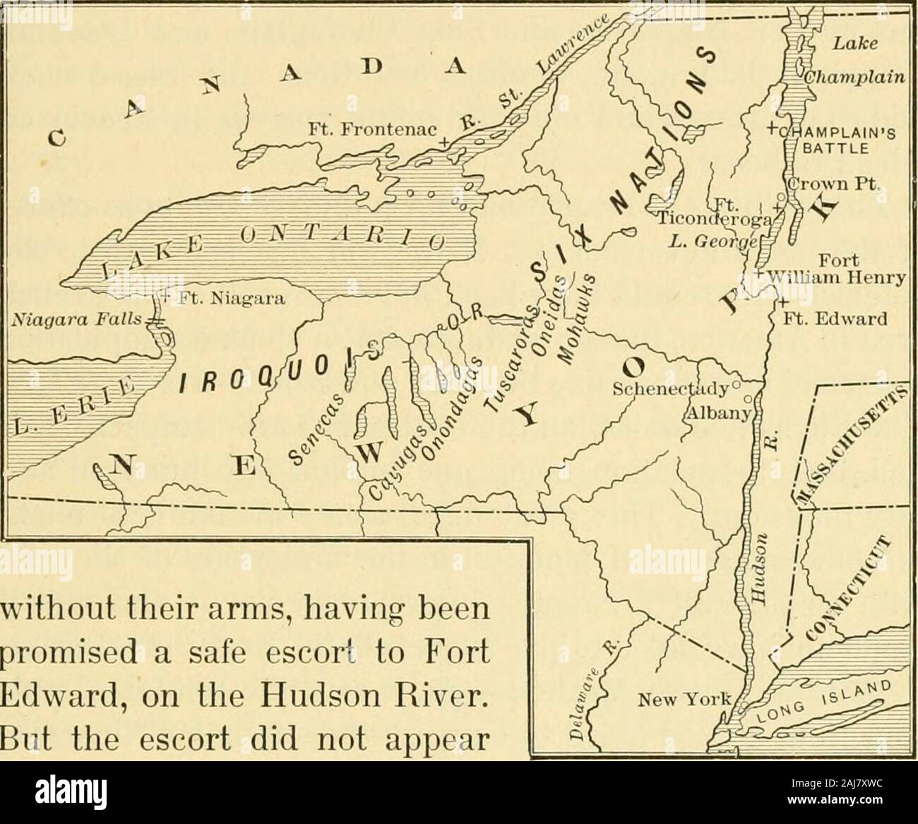 A history of the United States of America; its people and its institutions . calms Victories.—In 1756 the Marquis de Mont-calm, an able French officer, was made commander-in-chiefin America, and signalized his ability by the capture of theEnglish post at Oswego, which gave him fourteen hundredprisoners, a large amount of stores, and full command ofLake Ontario. It was a serious loss to the English cause.In the following year he descended Lakes Champlain and ^ Baron Dieskau, the commander of the French army, was found bythe pursuers, wounded and alone, supported against a tree. As a pro-vincial Stock Photo