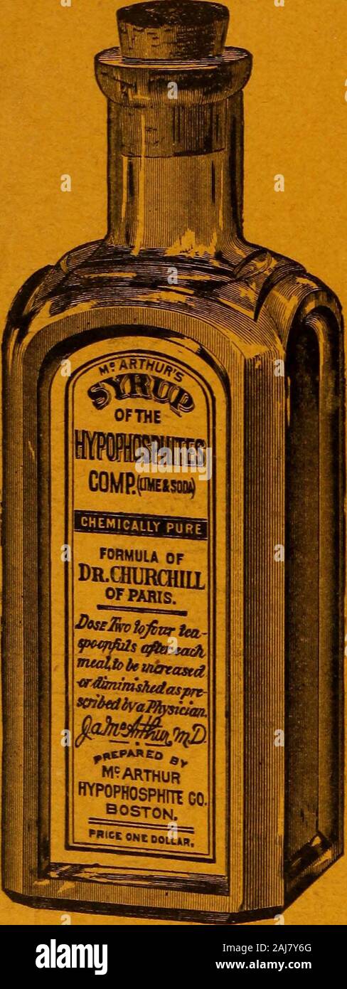 The Medical and surgical reporter . rate mass of poly-pharmacybut embodies the valuable therapeutical proper-ties of the hypophosphites of lime and soda,without other objectionable ingredients. A Reconstructive and Tonic for Convalescents^Physicians are sending u*^ testimonials, daily,of the excellence of McArthur s Syrup as achemical preparation, a prophylactic or a thera-peutic. Used with great success in Consumption,Tuberculosis, Scrofula, Cough, Brain Exhaus-tion, Alcoholism, Impotence and General Debility, Endorsed by Prof. H. L. Byrd, and Prof.John S. Lynch, of Baltimore; J. MontfortScHi Stock Photo