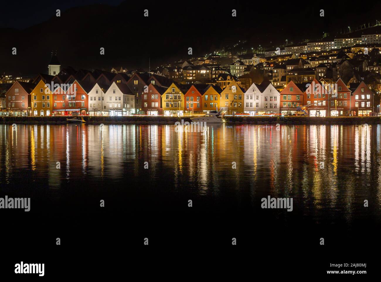 Bergen, Norway - november 2019. Bergen at night. Bryggen - most visited tourist attraction in Bergen - UNESCO World Heritage site - old hansaetic wood Stock Photo