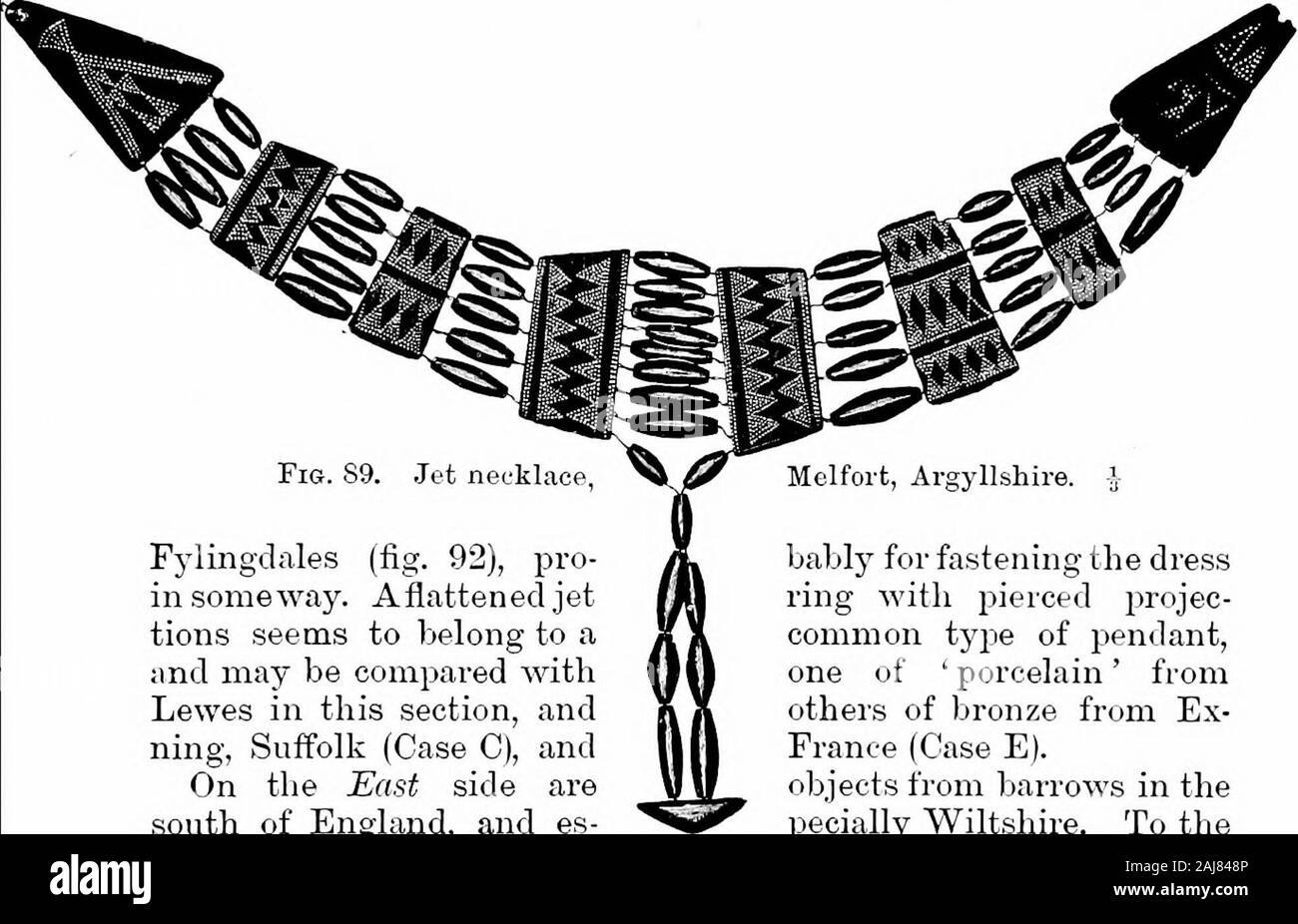 A guide to the antiquities of the bronze age in the Department of British and mediæval antiquities . lyhead, wasperhaps attached to a necklace like that illustrated from Scotland(fig. 89), which was found with two bronze armlets in a cistcontaining an unburnt skeleton. Two jet and one bronze ringwith lateral perforations, recalling the heavy bronze rings fromIreland (fig. 5), were found, with a razor, at Heneglwys, AnglesejA remarkably large bead of jet (fig. 90), from a barrow near Brid-lington, resembles some found in Ireland, and there can be no BlilTISH BAEEOWS 93 doubt that most of the o Stock Photo
