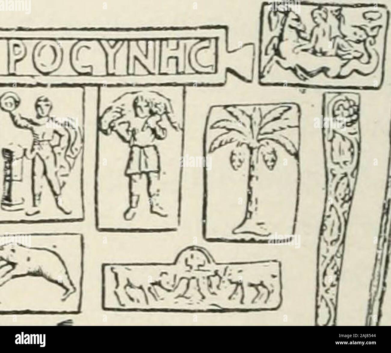 Monuments of the early church . Fig. 156.— Lead cup from ancientCarthaj^e. Fifth century. A mix-ture of Christian and pagan designs. 156,157) of the same or the follow-ing century is interesting chiefly asan illustration of the mingling ofChristian and pagan subjects, whichwitnesses to the impotence of de-cadent art to cut itself loose fromearlier models. In this case thedecoration consists of small plaquesof lead soldered upon the cup.Work in enamel, executed in veryvarious ways, was common inGreece, but fell out of favor in the (^m w^m^mwwm ?mmm.m^:^(^^^. Stock Photo