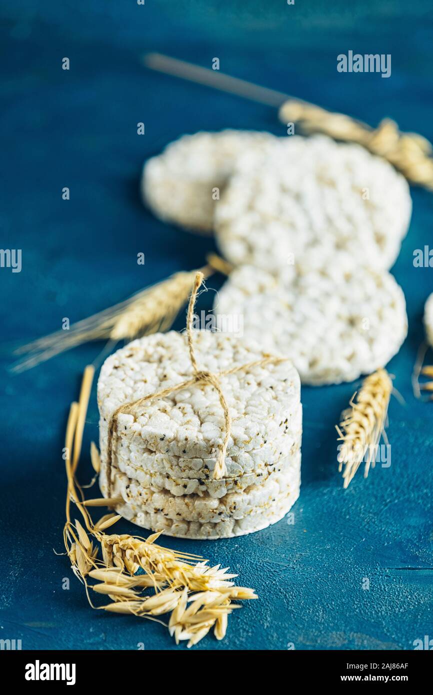 Stack of rice cakes. American puffed rice cakes. Healthy snacks with