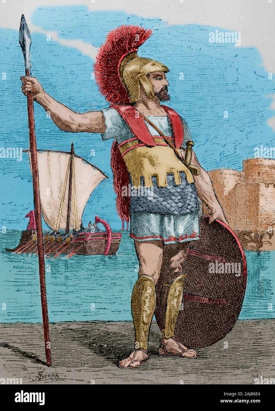 Carthaginian soldier. Engraving by Serra. Museo Militar, 1883. Later colouration. Stock Photo