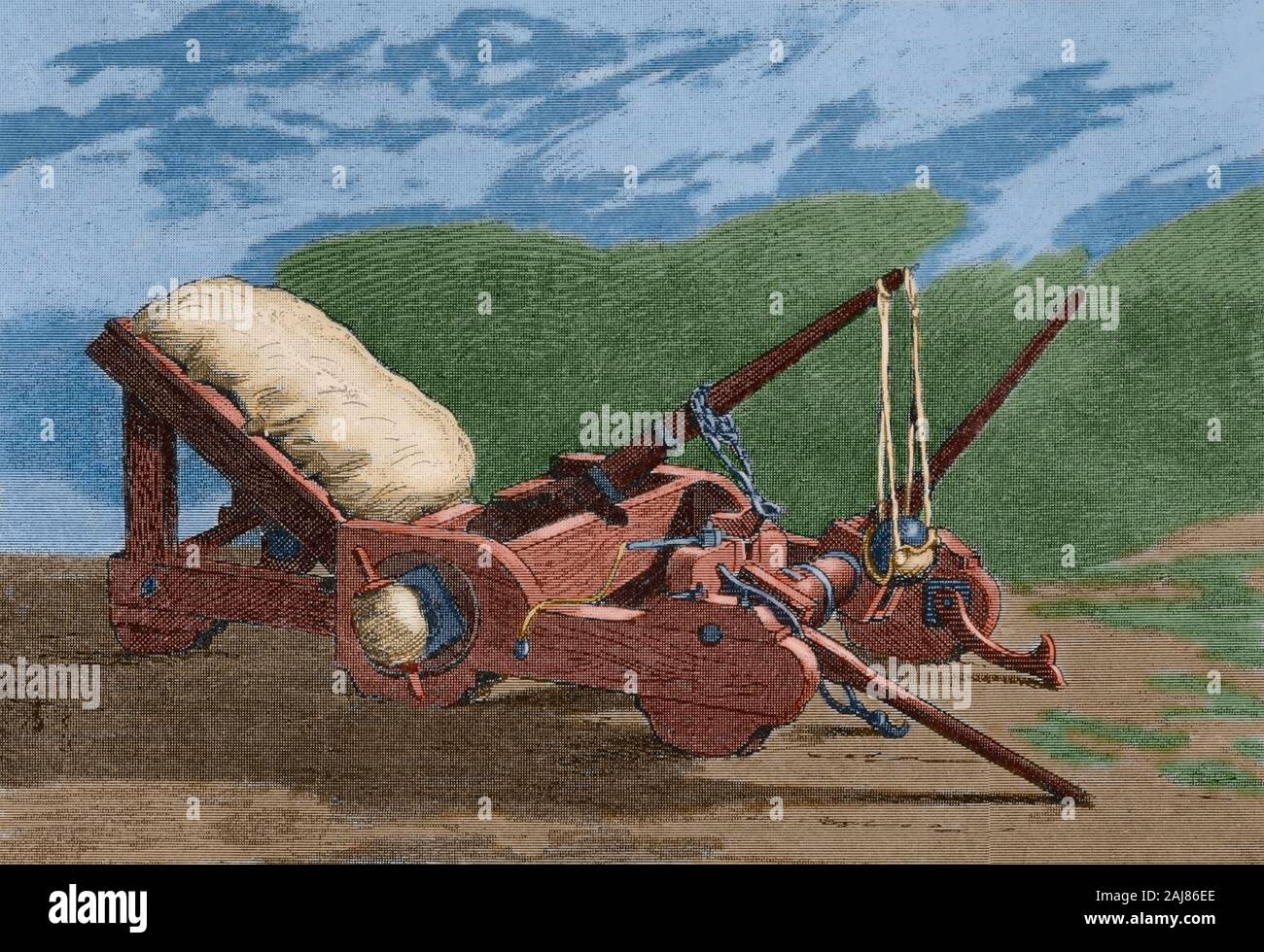 Onager. It was an imperial Roman torsion powered siege engine. Engraving. Museo Militar, 1883. Later colouration. Stock Photo