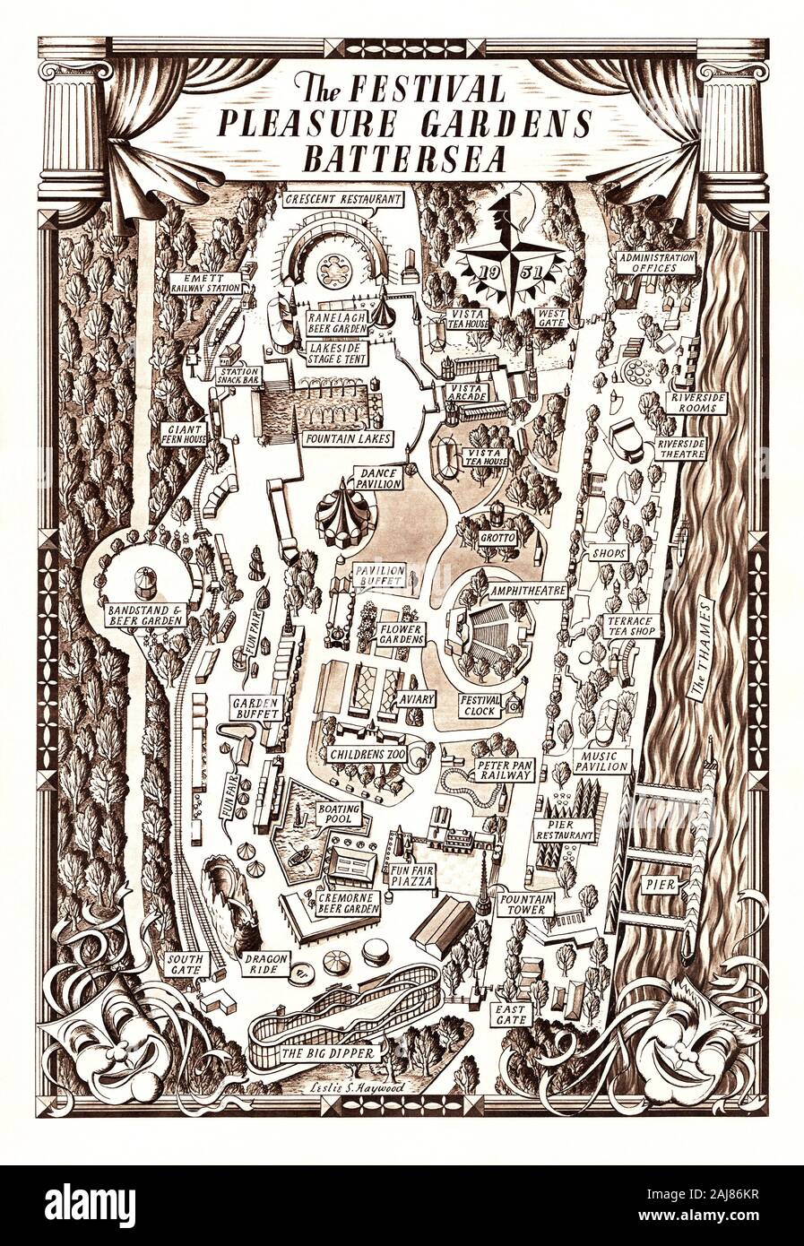 Plan or illustrated map of the Festival of Britain Pleasure Gardens, Battersea Park, London, 1951. It appeared in the Sphere magazine in 2 June 1951 – a special edition to mark the Festival of Britain that year – and highlights the attractions and events in the park. The park’s attractions included the famous Emett miniature Railway, the famous Guinness Festival Clock, a zoo and a dance pavilion. The map also shows the iconic image of Britannia designed by Abram Games. Stock Photo