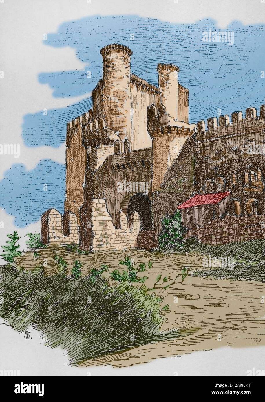 Spain, Ponferrada. Templar castle. Engraving. Museo Militar, 1883. Later colouration. Stock Photo
