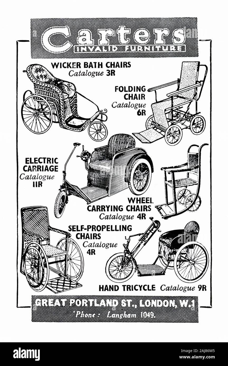 Advert for Carter's invalid carriages and chairs, 1951. This appeared in the Sphere magazine in 2 June 1951. The term 'Invalid Carriage' usually used to refer to motorised, electric or hand-propelled wheelchairs. Some had a hand-brake and steering was via a stick control or by moving the backrest with the upper body. Many of the chairs feature wicker for the seating and backrests. Many carriages and chairs were required for wounded war personnel of World War II. The items were manufactured by Carters of London. Stock Photo