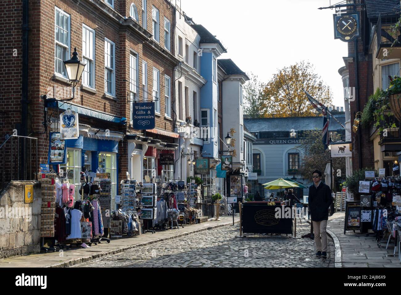 View looking along Church Street to The Queen Charlotte Pub in Windsor, Berkshire, England, United Kingdom Stock Photo