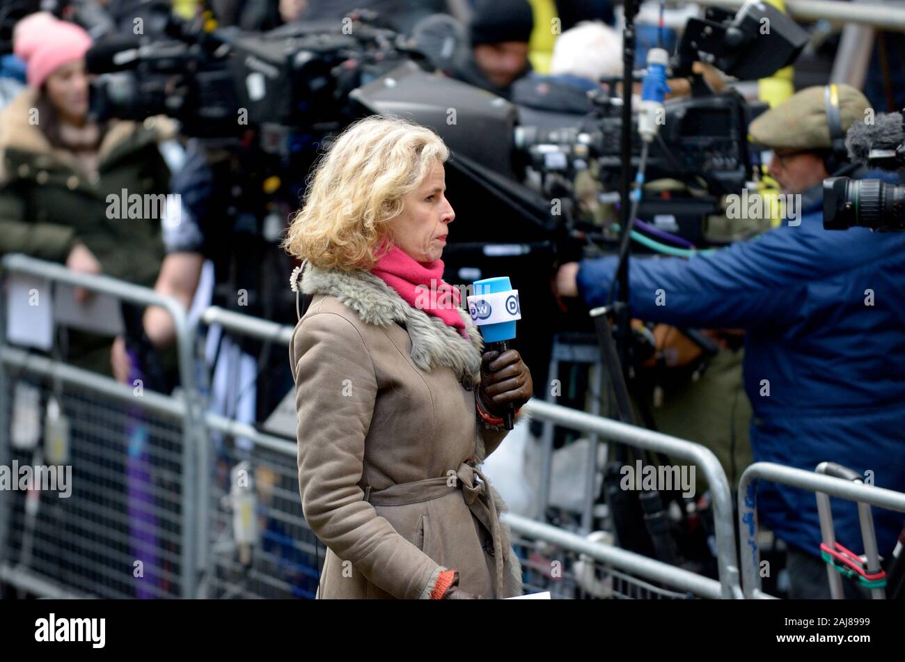 Birgit Maass - Deutsche Welle UK correspondent - reporting from Downing Street, December 2019 Stock Photo