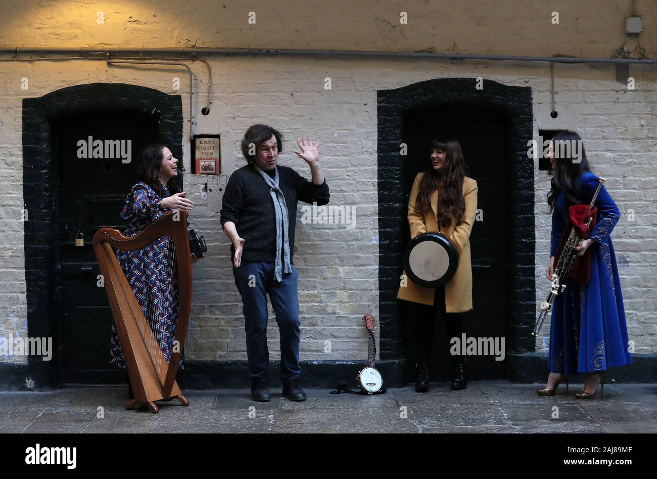 At the launch of the Programme for TradFest 2020 is actor Stephen Rea (second left) with musicians (from left) Michelle Mulcahy, Aoife Scott and Louise Mulcahy at Kilmainham Gaol in Dublin. The Gaol will this year join the list of historic venues hosting events during the festival which runs from 22 - 26 of January. Stock Photo