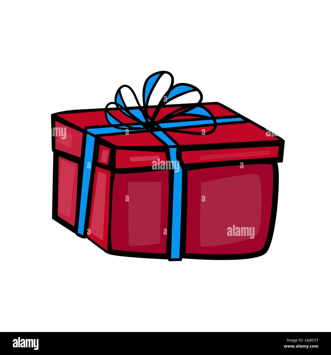Gift box isolated on white background. Stock vector of holiday present in cartoon style.Gift box icon. Christmas red gift box with blue ribbon. Stock Photo