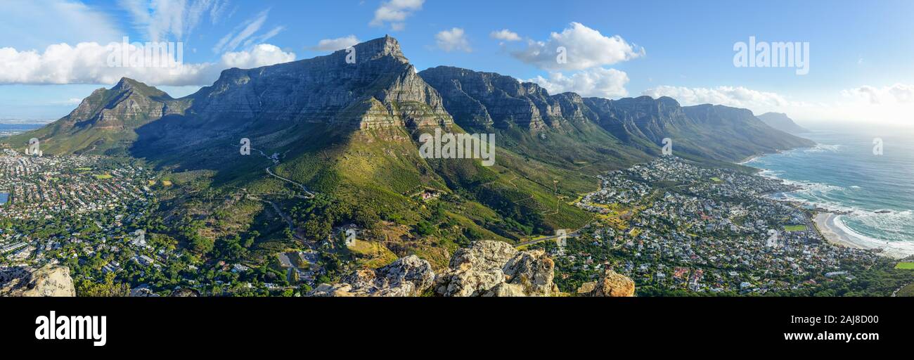 Magnificient view of Table Mountain and 12 Apostles with Camps Bay Beach, Cape Town, South Africa Stock Photo
