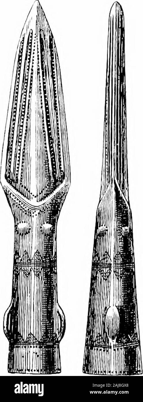 A guide to the antiquities of the bronze age in the Department of British and mediæval antiquities . Fig. 71.—Dagger, barrow atSnowshill, Gloiies. 4 Fig. 72.—Spear-head, pro-bably from Ireland, i Fig. 73. — Spear-head, Ireland. ?} on that from Fenny Bentley (fig. 75), found with two bronze pins,not so common in this country as elsewhere. The discoverjf in Heathery Burn Cave, Co. Durham, is mostimportant in many ways. It is by far the most instructive ofany Bronze age deposit in this country not of a sepulchral G 2 84 DESCRIPTION OP CASE D character, and comprises the entire equix:)ment of a fa Stock Photo