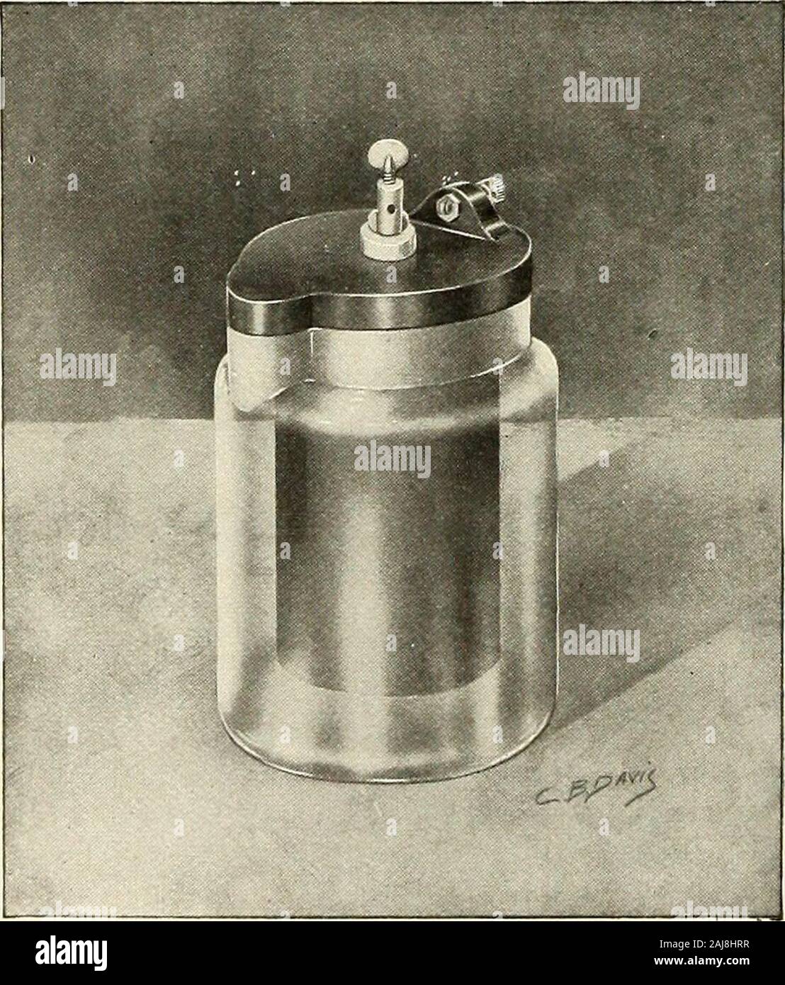 St Nicholas [serial] . carbon is used in place ofthe copper, a solution of sal ammoniac may beused instead of the sulphuric acid. The sulphuricacid should be used with great care. When notdiluted, it will injure flesh or clothing with whichit conies in contact. The crowfoot battery (Fig. 2), so calledfrom the shape of the zinc which is suspendedfrom the top of the jar, with the solution justcovering it, is almost exactly the same kind ofbattery as the one made with the tumbler and thestrips of zinc and copper. The copper of thisbattery you will see spread out on the bottom ofthe jar. The small Stock Photo