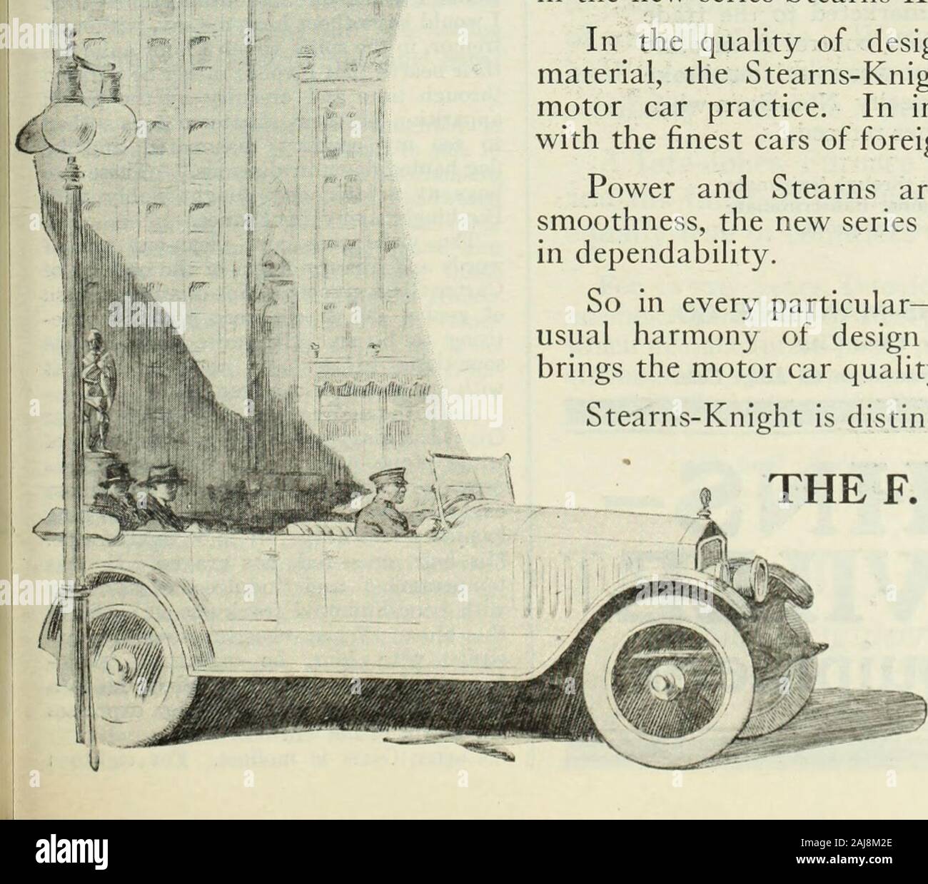 The literary digest . Notable Achievement Reflected in New Series Stearns N 1911 it was Stearns privilege to introduce Americasfirst Knight-motored car to the motoring pubHc. Eachyear witnessed a wider acknowledgment of the remark-able performance and high quality of this car. Then war came. It made insistent demands upon ever^^ lineof endeavor. Motor car makers quickly turned to war production. Because of the high ideals which surrounded every designingand manufacturing operation, the Stearns organization was chosenfor the production of Rolls-Royce aviation motors in America. This notable com Stock Photo