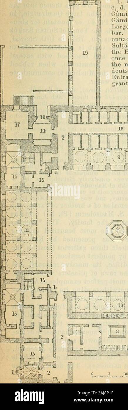 Egypt : handbook for travellers : part first, lower Egypt, with the Fayum and the peninsula of Sinai . Tomls of the Khallfs. CAIRO. 3. Route. 283 The accompanying plan of Barkuks Tomb-Mosque will convey anidea of its original extent and arrangements ; but a considerable part ofit is now in ruins. 1. Present Entrance. 2. Vestibules, a, b,c, d. Large Quadrangle (Hosh, or Sahn el-Gamif). c, d, e, f. Sanctuary (or Liwan el-Gamil. 3. Small Court with Fountain. 4.Large Basin (Hanefiyeh). 5. Kibla. 6. Mam-bar. 7. Kursi! 8. Dikkeh. 9, 10, 11. Col-onnades (almost all in ruins). 12. Tomb ofSultan Barki Stock Photo