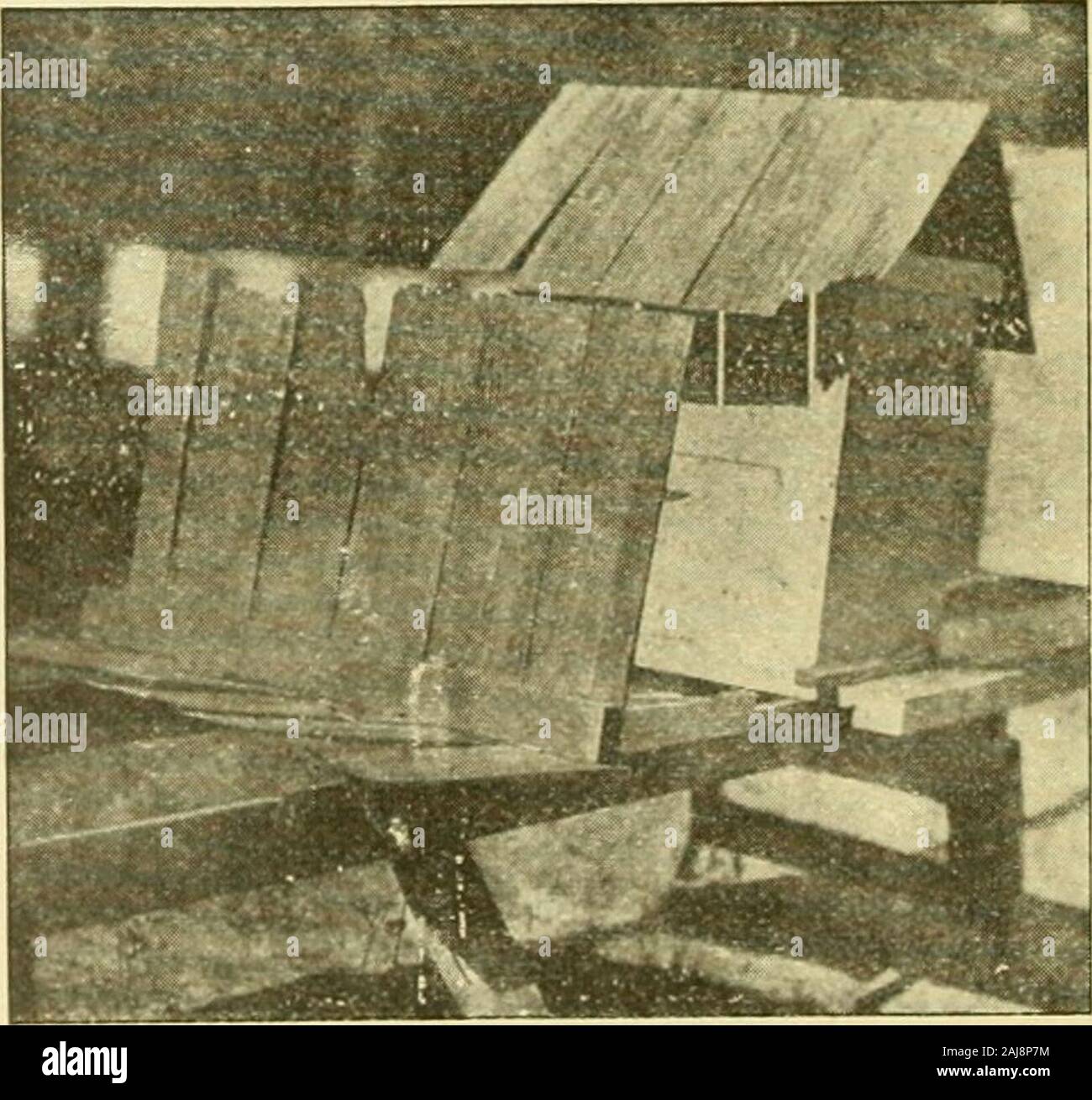 Gleanings in bee culture . for shading hives.In Fig. 6 we have Mr. Mar-chants scheme for shadinghives. The ridge piece is madeof inch lumber a little longerthan the hive, with cheap shin-gles nailed on to it at right an-gles to each other, as shown inthe illustration. This kind ofshade-board is very cheap, andits shape gives a little better cir-culation of air between theshade-board and the top of thehive than the ordinary arrange-ment lying flat on the hive. Fig. 7 shows a four-story ten-frame colony operated for ex-tracted honey. You will noticethis stands up on scales for re-cording the hon Stock Photo