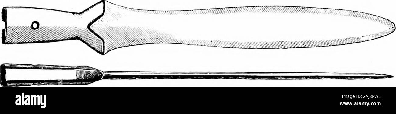 A guide to the antiquities of the bronze age in the Department of British and mediæval antiquities . Fiu. .j7.—Bi-onzu loop, Hand Fig. -58.—Bronze bracelet, Liss, Cross, Sussex. J Hants. I. Fio. .59.—Socketed sliort-sword, Dungivoii, Co. Derry. J Stock Photo