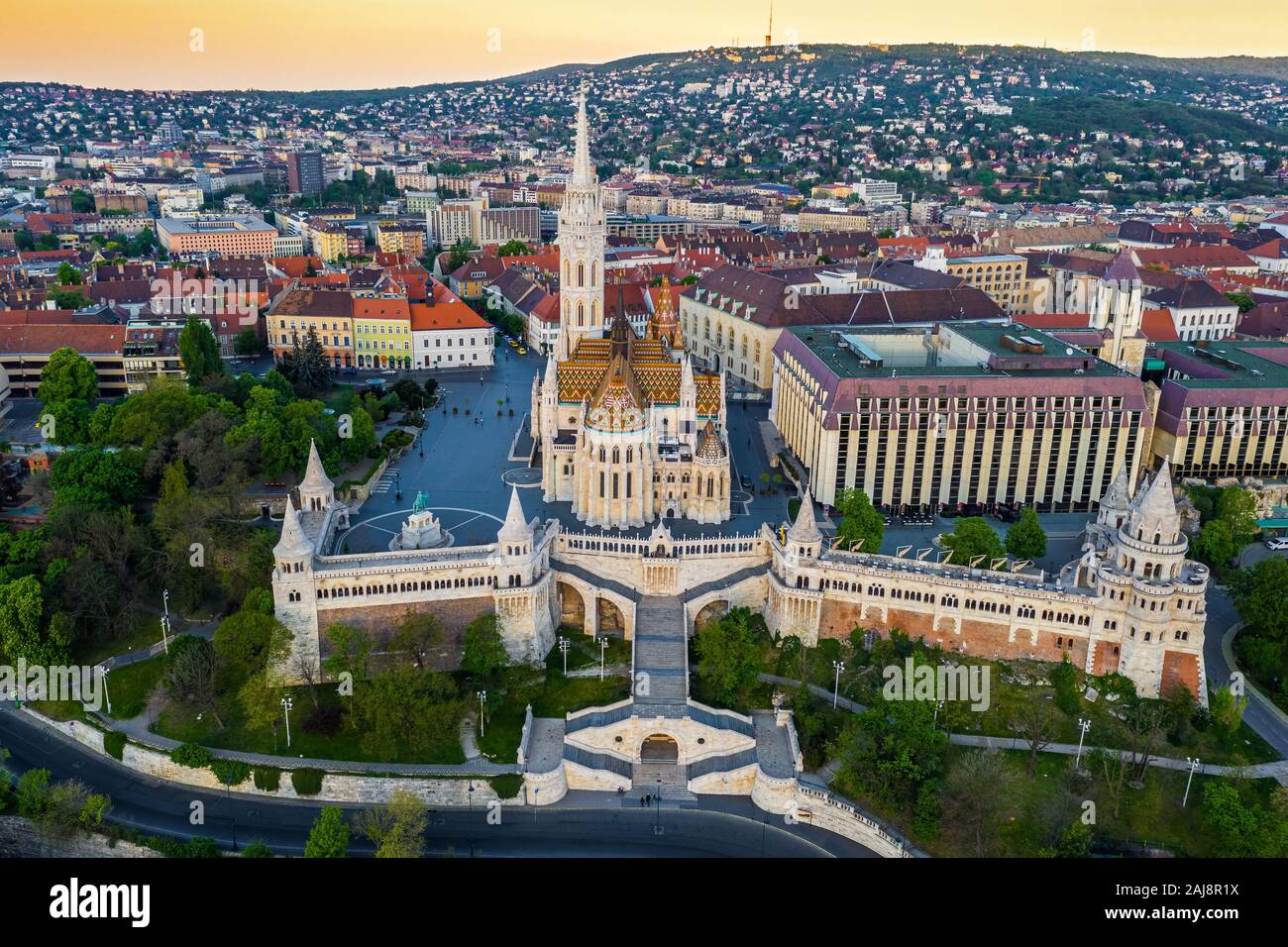 Budapest, Hungary - Aerial drone view of the famous Fisherman's Bastion (Halaszbastya) and Matthias Church on a summer morning Stock Photo