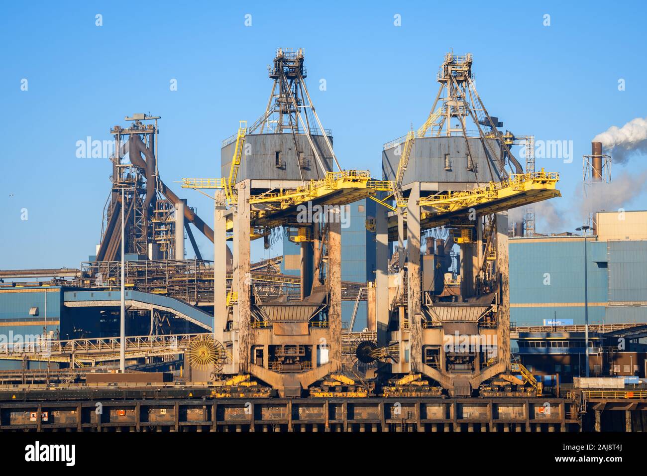 Dutch blast furnaces from Tata Steel in IJmuiden close to the Dutch coast Stock Photo