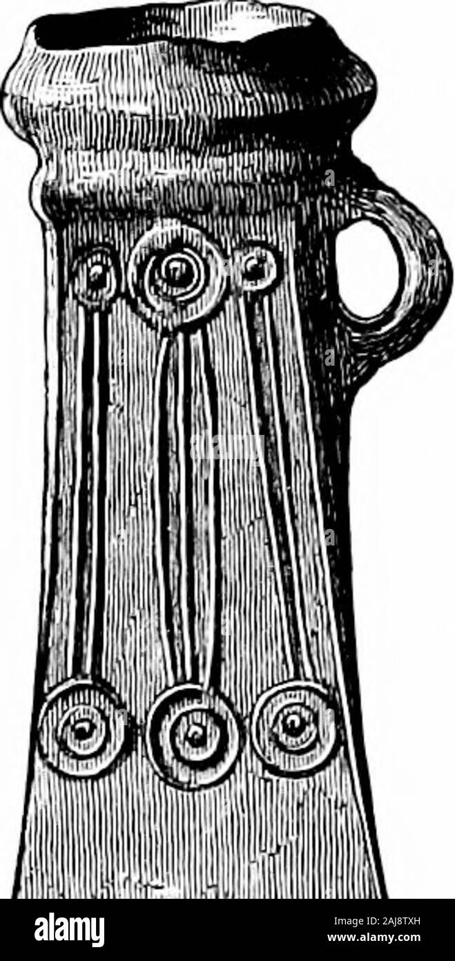 A guide to the antiquities of the bronze age in the Department of British and mediæval antiquities . Fic. 51,—Socketed colt, Tliaincs at Kingston. METALLURGY ?3 The leaden socketed celt from Seamer Moor was no doubt usedas a model for the pro-duction of clay moulds ;and the bronze mouldfrom the Southall hoardhere shown containedwhen found the Iemainsof a similar leaden celt. On the lAist side of theCase are models showingthe various methods ofhafting metallic celts.The illustration of anoriginal handle (fig. 54)for a winged celt or pal-stave, shows the use of theprong : and the method ofsecuri Stock Photo