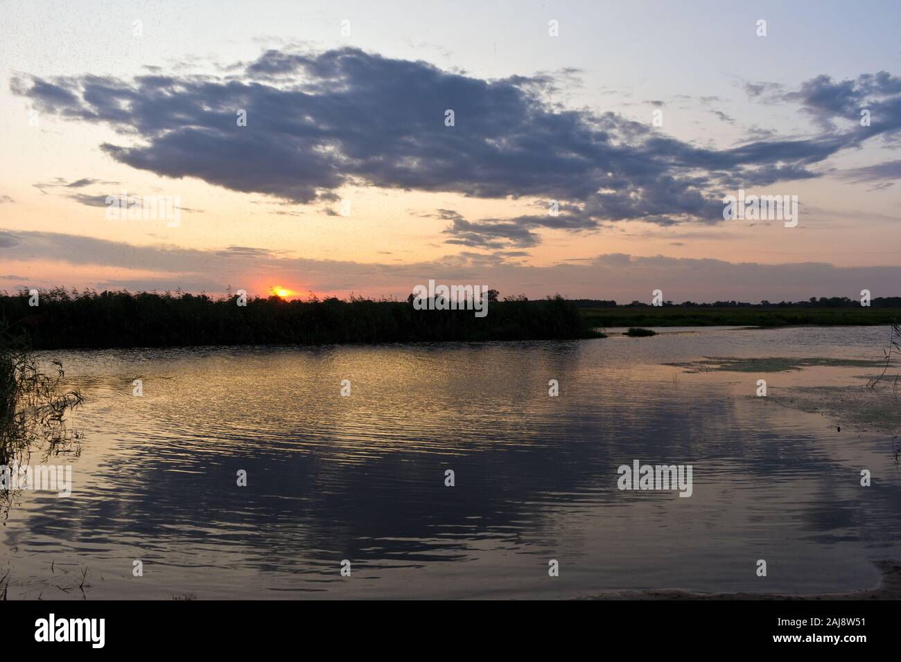 Sunset reflecting at Havel, Westhavelland, Havelaue, Brandenburg, Germany Stock Photo