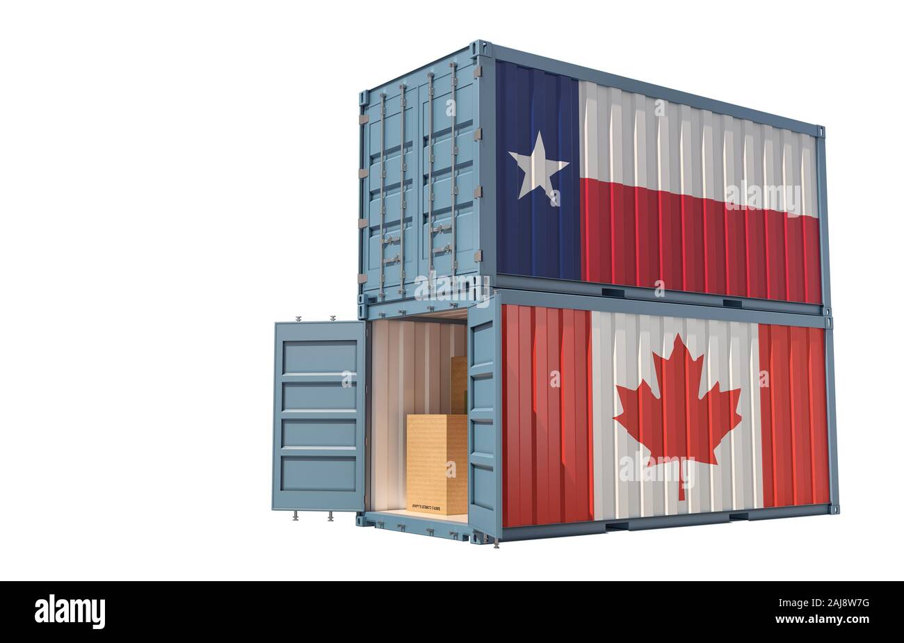 Freight container with Texas and Canada flag - isolated on white. 3D Rendering Stock Photo