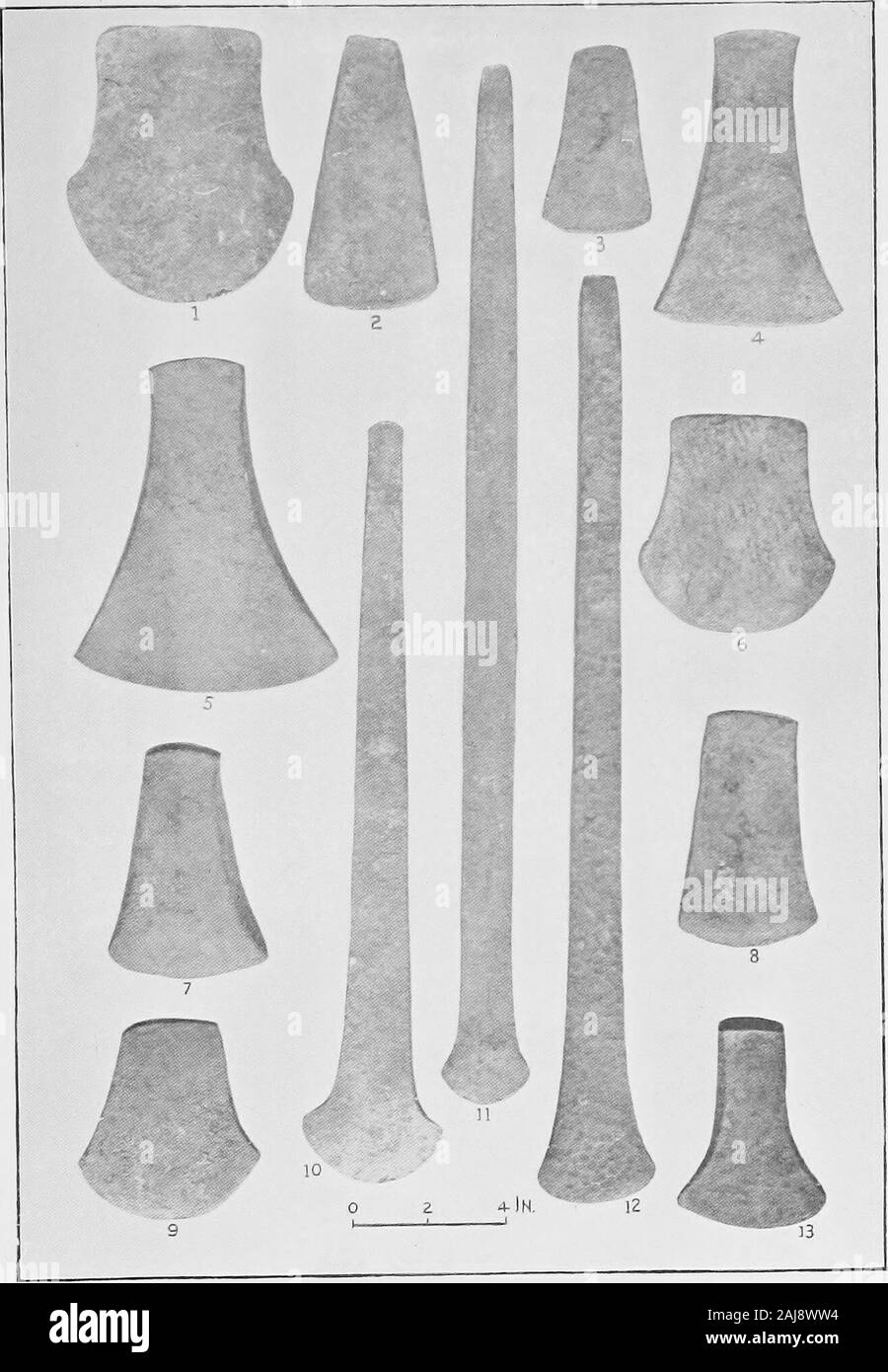 A guide to the antiquities of the bronze age in the Department of British and mediæval antiquities . had a total length of about 24 in.It is of comparatively early date, and is obviously derived froma common form of dagger exhibited next to it, a socket havingbeen added for use on a shaft and the studs no doubt representingthe rivets on the base of the prototype. Pointed blades, called. Plate VII. Copper Implements, Gunueria, Balaghat, Central India.(Coses 47, 48, wc p. 67.) KIVER THAMES 69 knives, knife-diiggers, or rapiers, ucooiding to tlieir leiigtli, are well lepresented, the handles bein Stock Photo