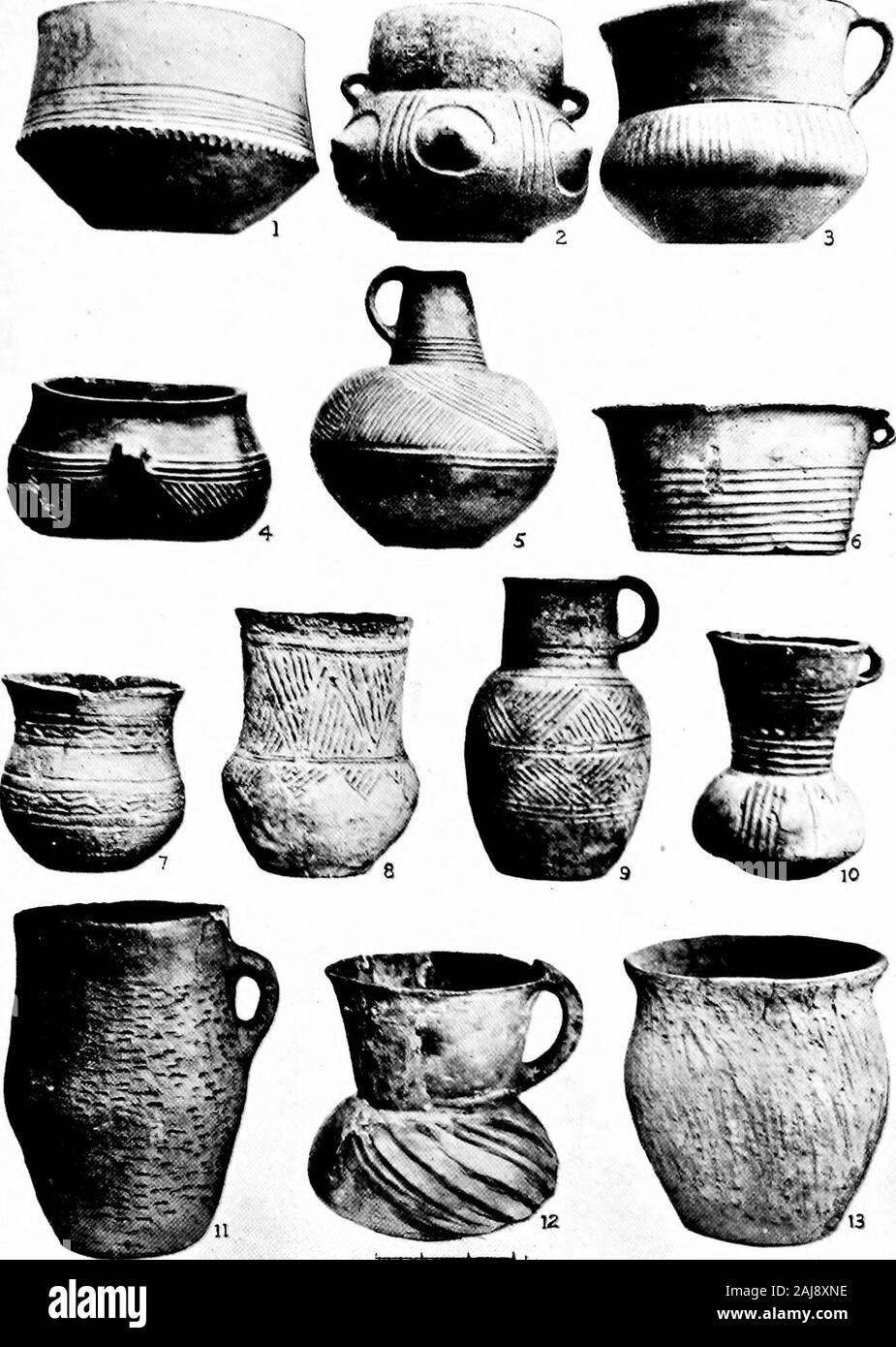A guide to the antiquities of the bronze age in the Department of British and mediæval antiquities . anufacture. It is generally of a yellowcolour and of thin, well-baked ware, superior to that found in thiscountry. The collection was made by Dr. Klemm of Dresden,and is derived from various sites in Saxony and Lower Lausitz. Two groujis of urn-fields dating from the Bronze age are dis-tinguished in this .area, and of these the first is characterised byvases with conical bases [Buckel-urnen, plate vi, 2); by oval-bodiedvases with spreading lip (13); and by a doubly conical form, theupper part d Stock Photo