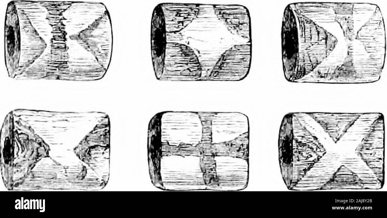 A guide to the antiquities of the bronze age in the Department of British and mediæval antiquities . Fig. 35.—.Jet button, Eud-stone, E. R. Yorks. Fig. 36.—Jet ring,Thwing, E. R. Yorks. an encrinite. Close to the beads was a large flat ring of lignite,a pendent ornament of the same material, a conical button ofshale, a cast of a cardium wliell, and a small polished pebble ofhaematite. A few inches beyond the north end of the gravewas another incense-cup with a few scattered burnt bones, with. Flu. .-M.—Buiio Loads, Folkton, E. K. Yorks. similar urnament but of inferior fabric. It had, however, Stock Photo
