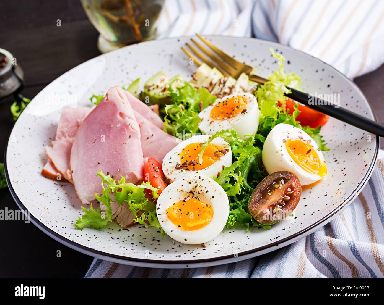 Ketogenic/paleo diet. Boiled eggs, ham, avocado and fresh salad. Keto