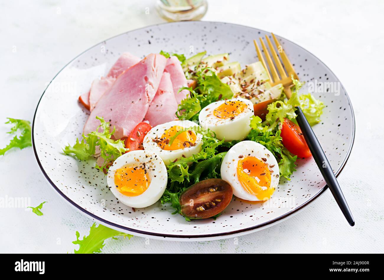 Ketogenic/paleo diet. Boiled eggs, ham, avocado and fresh salad. Keto