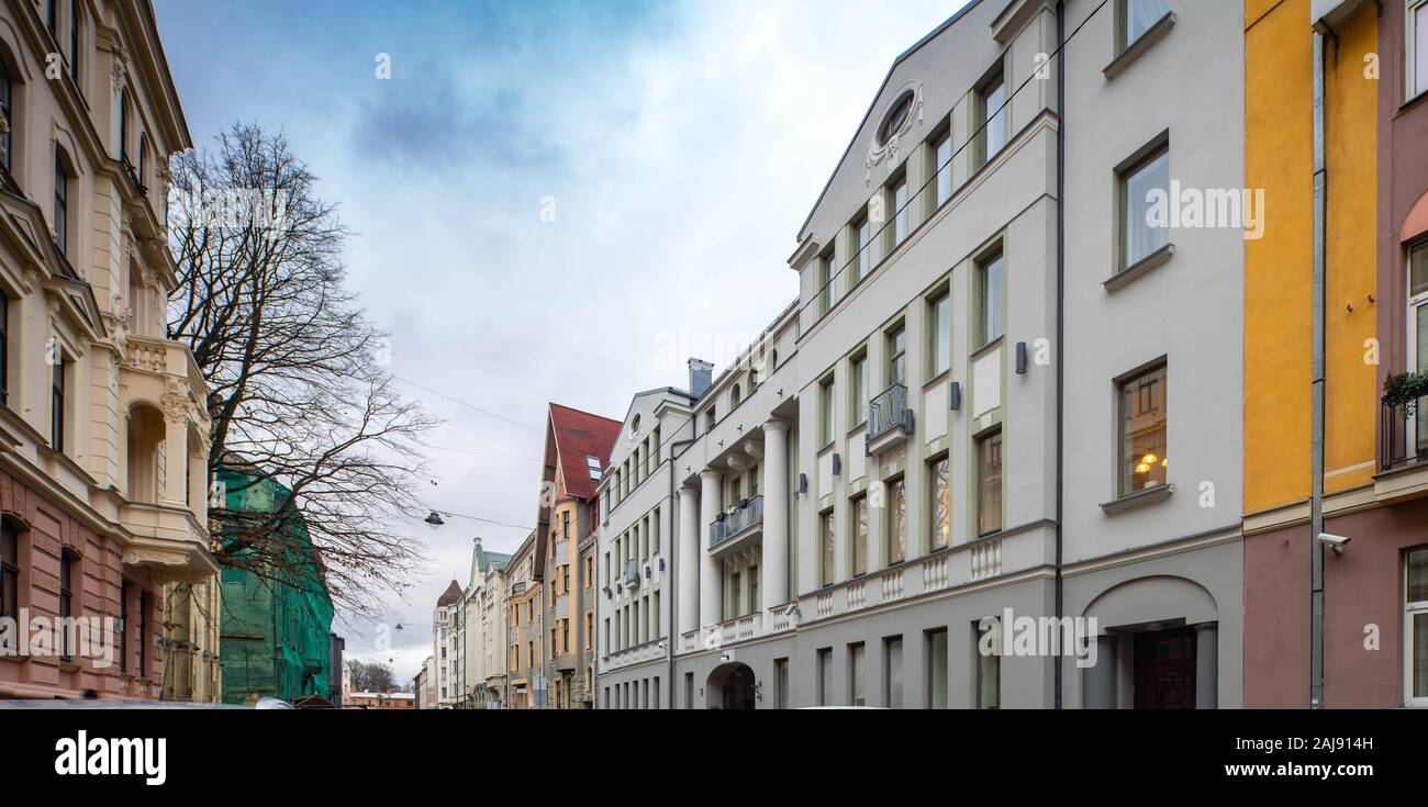 Modern exterior of living buildings in the centre of Riga. Art Nouveau architecture. Stock Photo