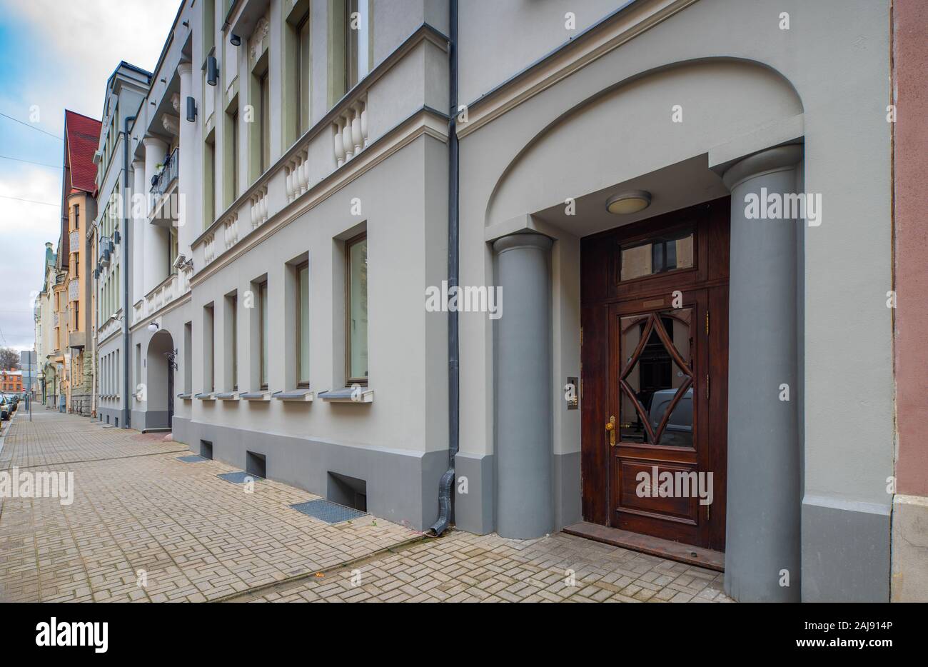 Benjamin House Riga Modern exterior of living buildings in the centre of Riga. Door to the ...