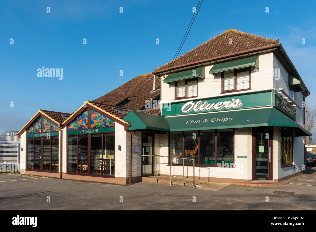 Olivers Fish and Chip shop (fish and chips) and restaurant, Old Basing, Basingstoke, Hampshire, UK Stock Photo