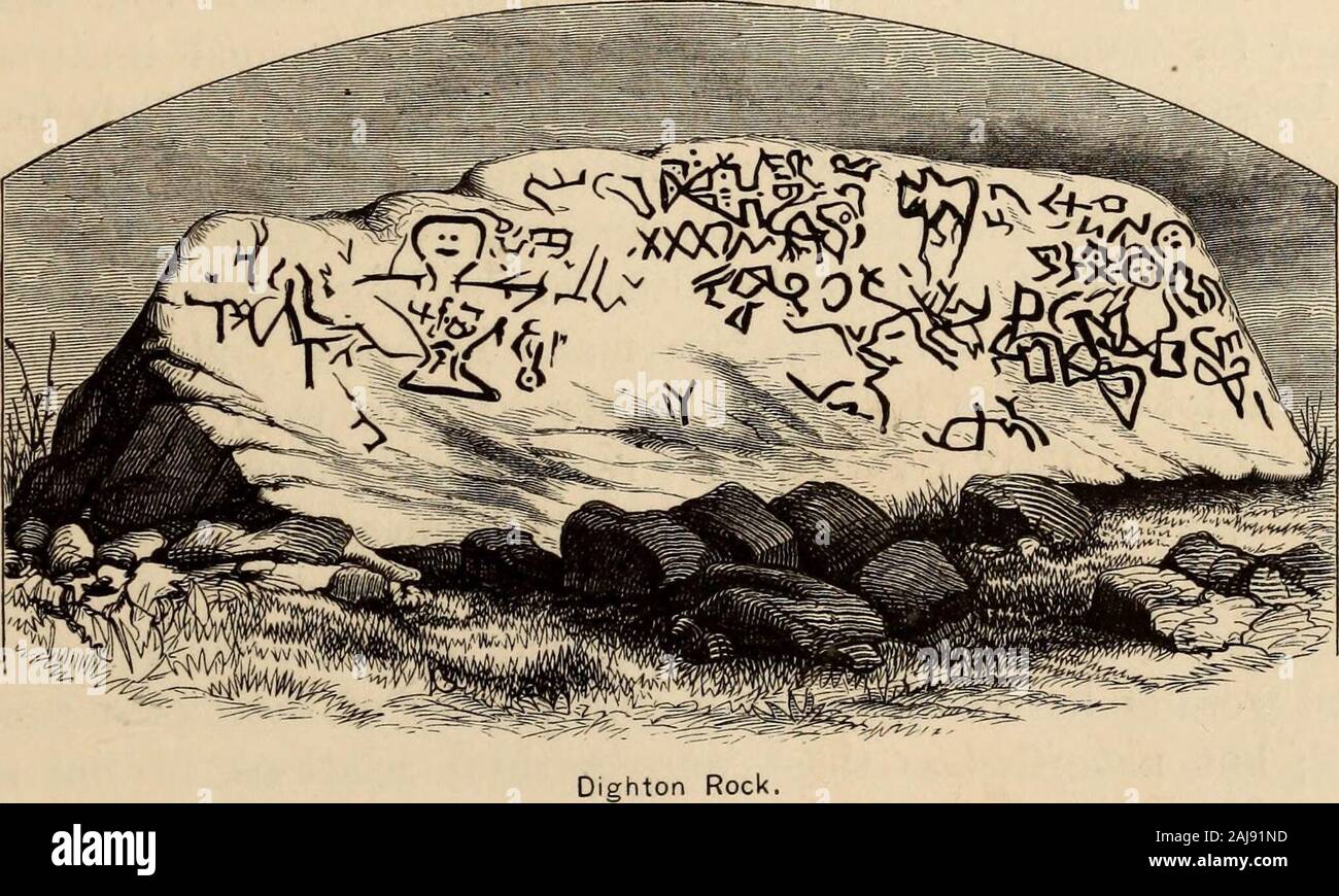 A popular history of the United States : from the first discovery of the western hemisphere by the Northmen, to the end of the first century of the union of the states ; preceded by a sketch of the prehistoric period and the age of the mound builders . Chesterton Mil DightonRock. SUPPOSED RELICS OF THE NORTHMEN. 61 be Runic. They profess to find the name of Thorfinn in the middleof the inscription, in certain rude characters, some of which are clearly-Roman letters ; other marks above are interpreted as signifying theRoman numerals, CXXXI., the number of Thorfinn Karlsefnes com-pany after the Stock Photo