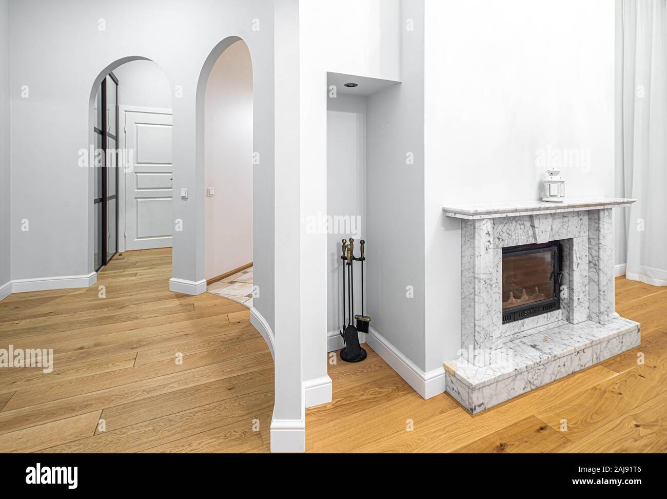 Modern interior of living room in luxury apartment. View of entrance ...