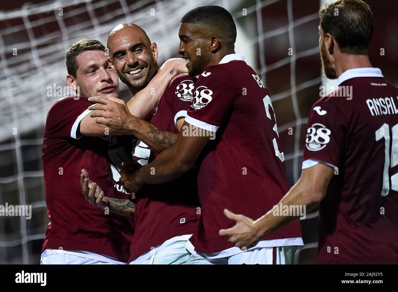 Alessandria, Italy. 25 July, 2019: Simone Zaza of Torino FC celebrates with his teammates after scoring a goal during the UEFA Europa League second qualifying round football match between Torino FC and Debrecen VSC. Torino FC won 3-0 over Debrecen VSC. Credit: Nicolò Campo/Alamy Live New Stock Photo