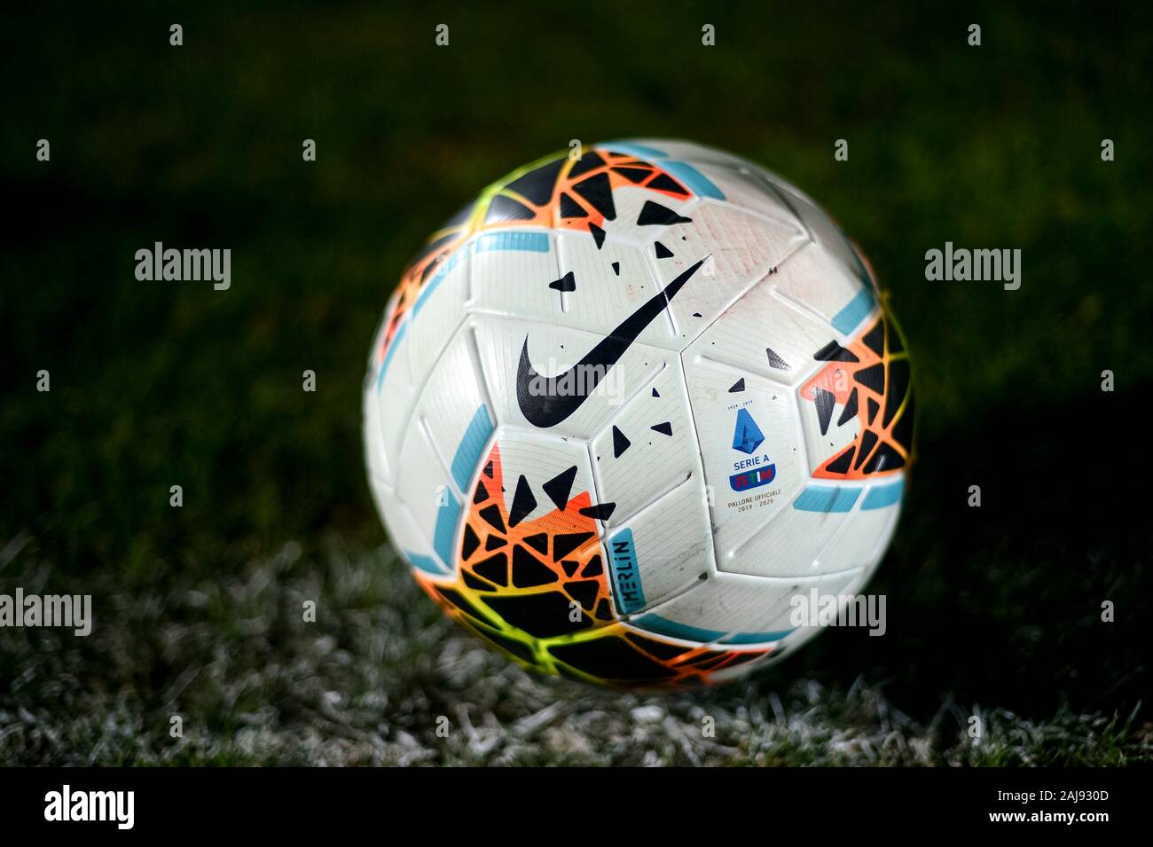 Alessandria, Italy. 25 July, 2019: The official Serie A match ball Nike  Merlin 2 is pictured during the UEFA Europa League second qualifying round  football match between Torino FC and Debrecen VSC.