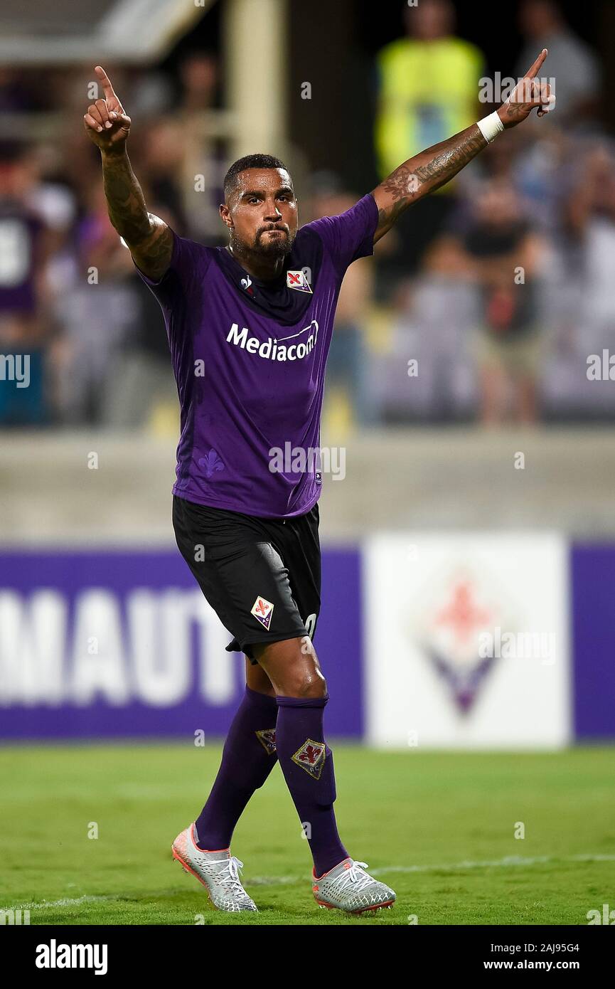 Florence, Italy. 11 August, 2019: Kevin-Prince Boateng of ACF Fiorentina celebrates after scoring the opening goal during the pre-season friendly football match between ACF Fiorentina and Galatasaray SK. ACF Fiorentina won 4-1 over Galatasaray SK. Credit: Nicolò Campo/Alamy Live News Stock Photo